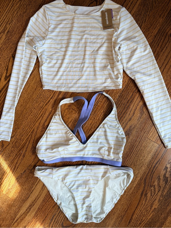 Patagonia Other - Patagonia White and Pale Yellow Striped 3-Piece Swim Set with Lavender Trim